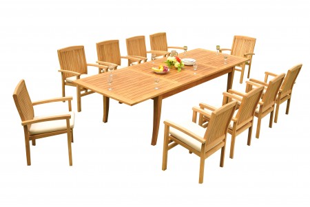 11 PC Dining Set - 122" Atnas Rectangle Table & 10 Wave Stacking Arm Chairs