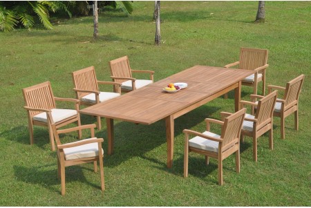 9 PC Dining Set - 122" Atnas Rectangle Table & 8 Leveb Stacking Arm Chairs