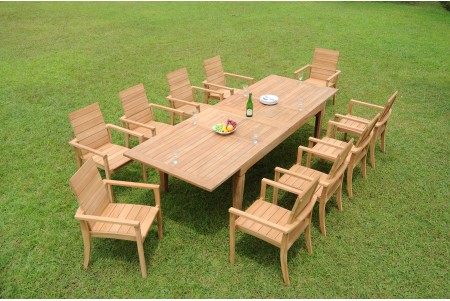 11 PC Dining Set - 122" Caranas Rectangle Table & 10 Algrave Stacking Arm Chairs
