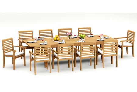 11 PC Dining Set - 122" Caranas Rectangle Table & 10 Hari Stacking Arm Chairs