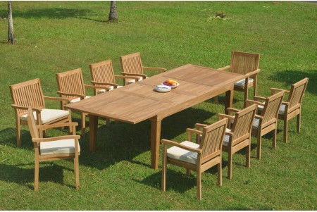 11 PC Dining Set - 122" Caranas Rectangle Table & 10 Leveb Stacking Arm Chairs