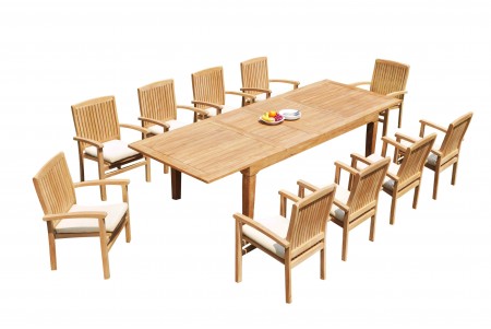 11 PC Dining Set - 122" Caranas Rectangle Table & 10 Wave Stacking Arm Chairs