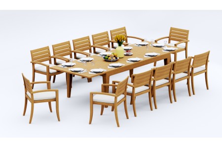 13 PC Dining Set - 122" Caranas Rectangle Table & 12 Travota Stacking Arm Chairs