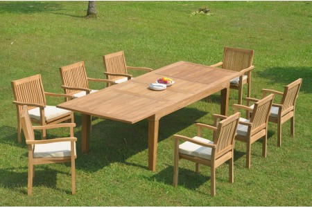 9 PC Dining Set - 122" Caranas Rectangle Table & 8 Leveb Stacking Arm Chairs
