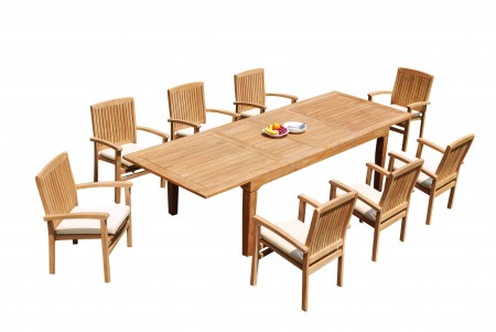 9 PC Dining Set - 122" Caranas Rectangle Table & 8 Wave Stacking Arm Chairs