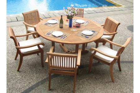 7 PC Dining Set - 60" Round Table & 6 Arbor Stacking Arm Chairs 
