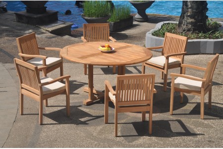 7 PC Dining Set - 60" Round Table & 6 Leveb Stacking Arm Chairs 