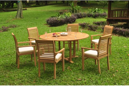 7 PC Dining Set - 60" Round Table & 6 Mas Stacking Arm Chairs 