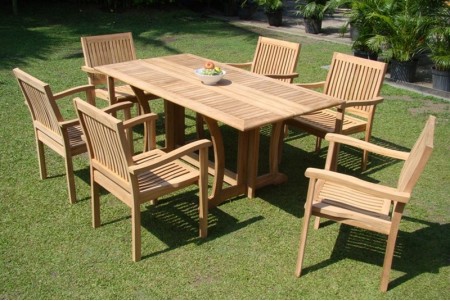 7 PC Dining Set - 69" Warwick & 6 Leveb Stacking Arm Chairs 