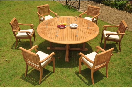 7 PC Dining Set - 72" Round Table & 6 Arbor Stacking Arm Chairs 