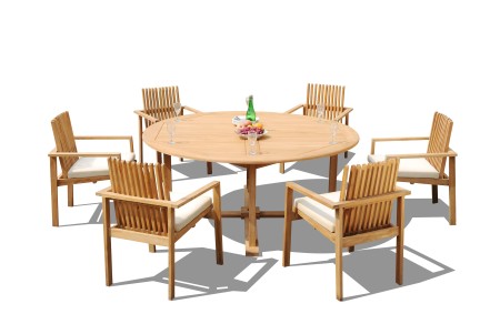 7 PC Dining Set - 72" Round Table & 6 Clipper Stacking Arm Chairs 