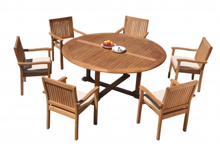7 PC Dining Set - 72" Round Table & 6 Wave Stacking Arm Chairs 