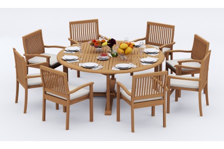 9 PC Dining Set - 72" Round Table & 8 Leveb Stacking Arm Chairs 
