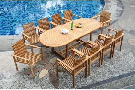 11 PC Dining Set - 94" Double Extension Masc Oval Table & 10 Clipper Stacking Arm Chairs