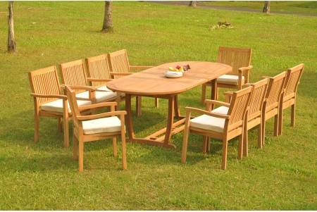 11 PC Dining Set - 94" Double Extension Masc Oval Table & 10 Leveb Stacking Arm Chairs