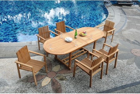 7 PC Dining Set - 94" Double Extension Masc Oval Table & 6 Clipper Stacking Arm Chairs