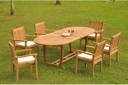 7 PC Dining Set - 94" Double Extension Masc Oval Table & 6 Leveb Stacking Arm Chairs