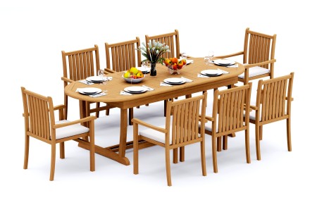 9 PC Dining Set - 94" Double Extension Masc Oval Table & 8 Cahyo Stacking Arm Chairs