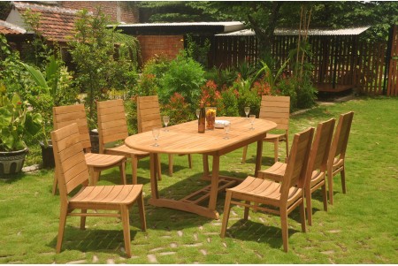 9 PC Dining Set - 94" Double Extension Masc Oval Table & 8 Charleston Stacking Arm Chairs