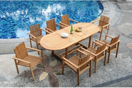 9 PC Dining Set - 94" Double Extension Masc Oval Table & 8 Clipper Stacking Arm Chairs
