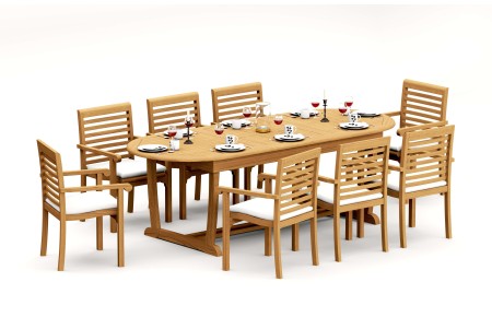 9 PC Dining Set - 94" Double Extension Masc Oval Table & 8 Hari Stacking Arm Chairs