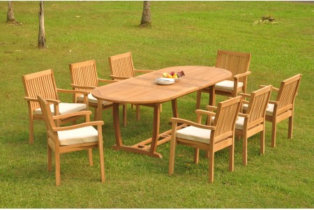 9 PC Dining Set - 94" Double Extension Masc Oval Table & 8 Leveb Stacking Arm Chairs