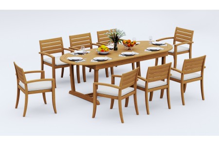 9 PC Dining Set - 94" Double Extension Masc Oval Table & 8 Travota Stacking Arm Chairs