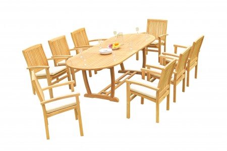 9 PC Dining Set - 94" Double Extension Masc Oval Table & 8 Wave Stacking Arm Chairs