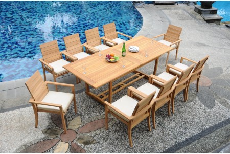 11 PC Dining Set - 94" Double Extension Masc Rectangle Table & 10 Algrave Stacking Arm Chairs
