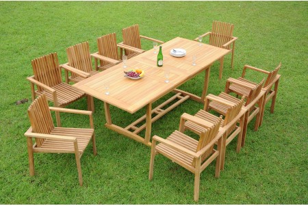 11 PC Dining Set - 94" Double Extension Masc Rectangle Table & 10 Clipper Stacking Arm Chairs