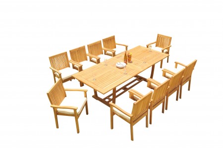 11 PC Dining Set - 94" Double Extension Masc Rectangle Table & 10 Leveb Stacking Arm Chairs