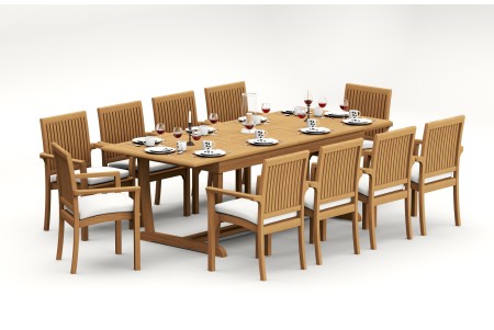 11 PC Dining Set - 94" Double Extension Masc Rectangle Table & 10 Lua Stacking Arm Chairs
