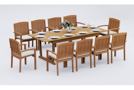 11 PC Dining Set - 94" Double Extension Masc Rectangle Table & 10 Wave Stacking Arm Chairs