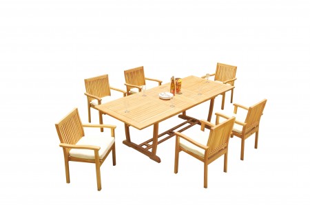 7 PC Dining Set - 94" Double Extension Masc Rectangle Table & 6 Leveb Stacking Arm Chairs