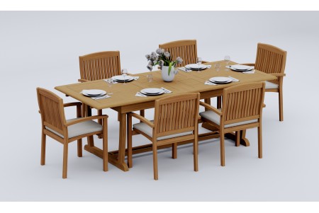 7 PC Dining Set - 94" Double Extension Masc Rectangle Table & 6 Wave Stacking Arm Chairs