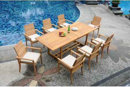 9 PC Dining Set - 94" Double Extension Masc Rectangle Table & 8 Algrave Stacking Arm Chairs