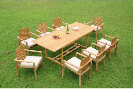 9 PC Dining Set - 94" Double Extension Masc Rectangle Table & 8 Clipper Stacking Arm Chairs