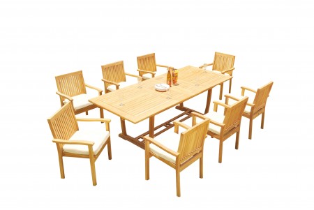 9 PC Dining Set - 94" Double Extension Masc Rectangle Table & 8 Leveb Stacking Arm Chairs
