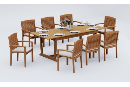 9 PC Dining Set - 94" Double Extension Masc Rectangle Table & 8 Wave Stacking Arm Chairs