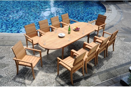 11 PC Dining Set - 94" Double Extension Oval Table & 10 Algrave Stacking Arm Chairs