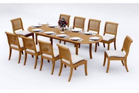 11 PC Dining Set - 94" Double Extension Oval Table & 10 Arbor Stacking Armless Chairs