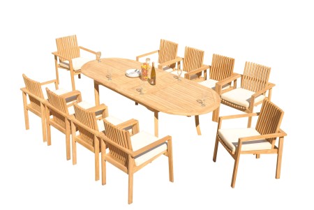 11 PC Dining Set - 94" Double Extension Oval Table & 10 Clipper Stacking Arm Chairs