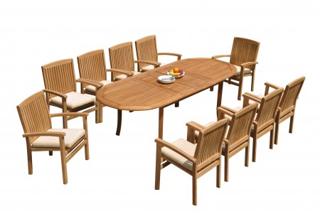 11 PC Dining Set - 94" Double Extension Oval Table & 10 Wave Stacking Arm Chairs