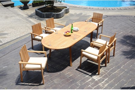7 PC Dining Set - 94" Double Extension Oval Table & 6 Clipper Stacking Arm Chairs
