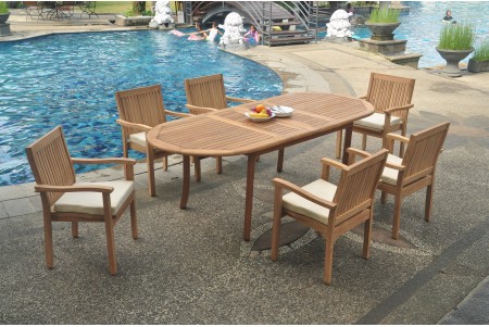 7 PC Dining Set - 94" Double Extension Oval Table & 6 Leveb Stacking Arm Chairs