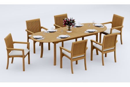 7 PC Dining Set - 94" Double Extension Oval Table & 6 Lua Stacking Arm Chairs