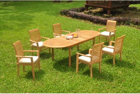 7 PC Dining Set - 94" Double Extension Oval Table & 6 Mas Stacking Arm Chairs