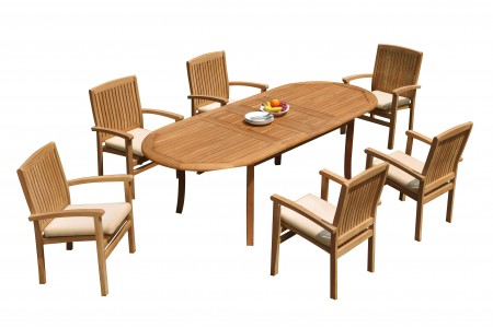 7 PC Dining Set - 94" Double Extension Oval Table & 6 Wave Stacking Arm Chairs