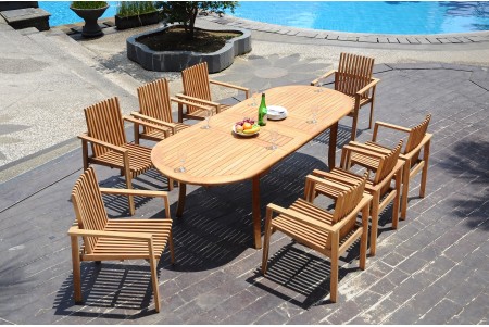 9 PC Dining Set - 94" Double Extension Oval Table & 8 Clipper Stacking Arm Chairs