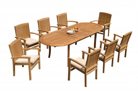 9 PC Dining Set - 94" Double Extension Oval Table & 8 Wave Stacking Arm Chairs